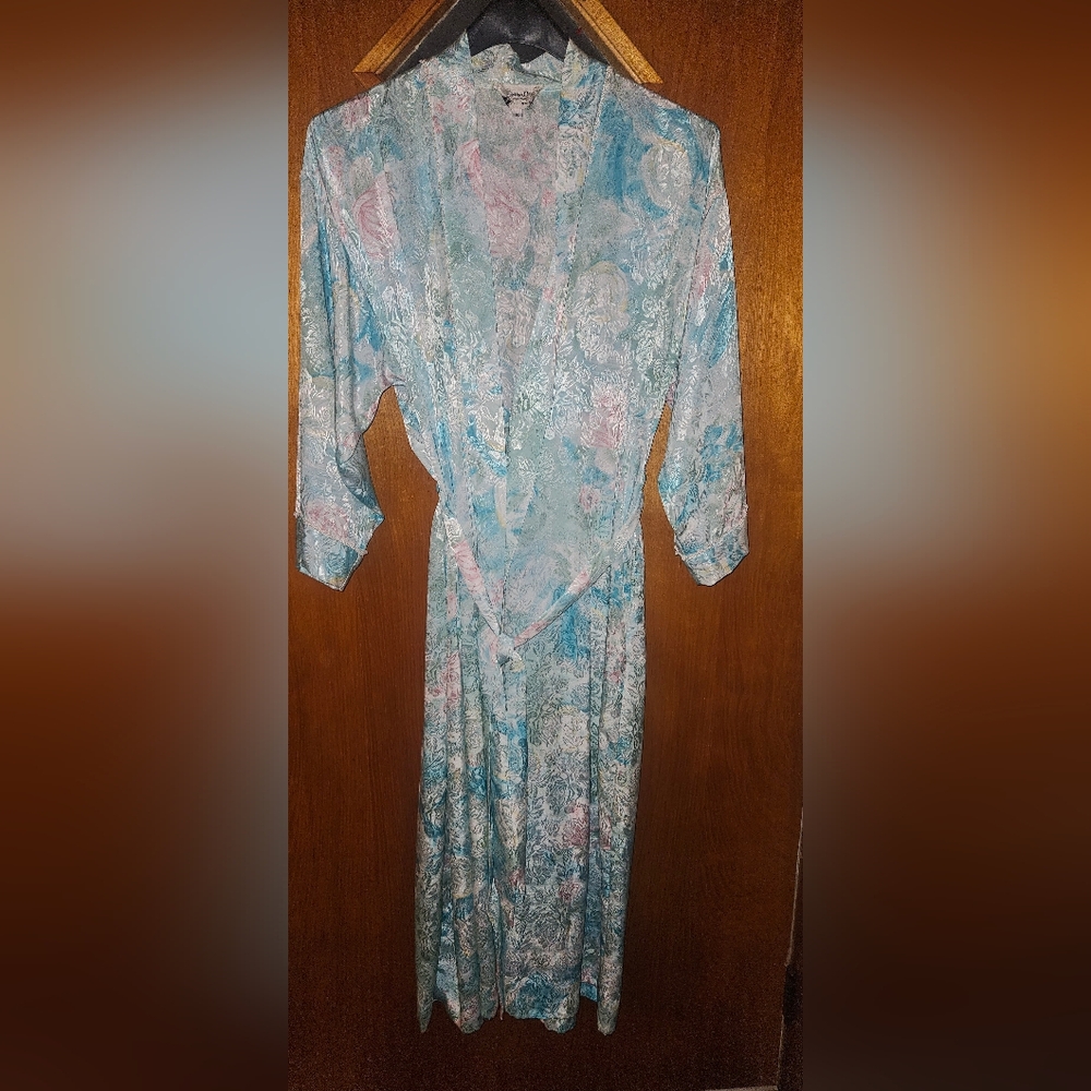 Vintage Christian Dior 80s Pastel Floral Long Silk Robe Sz Small